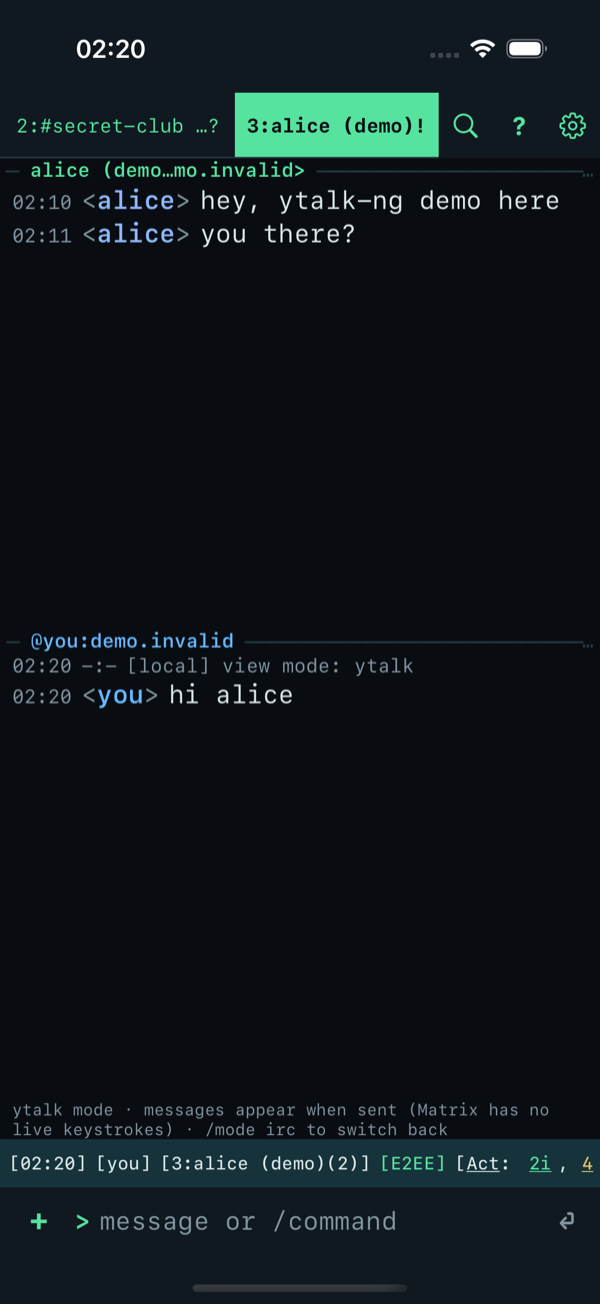 YTalk-Modus: geteilte Ansicht, oben die andere Person, unten man selbst